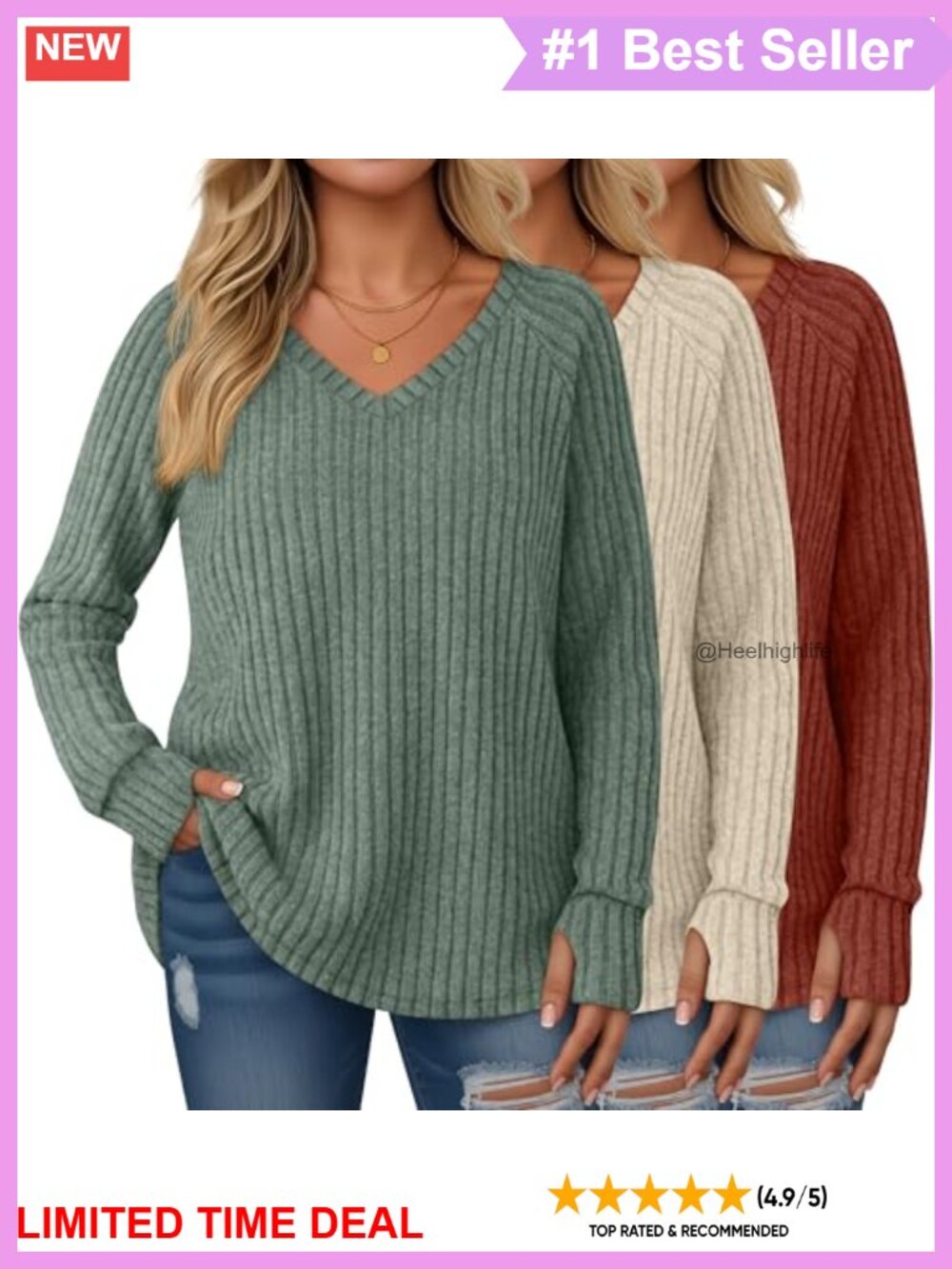 Plus Size Tunic Sweaters 3 Pack Long Sleeve V Neck Thumbhole Loose Fit